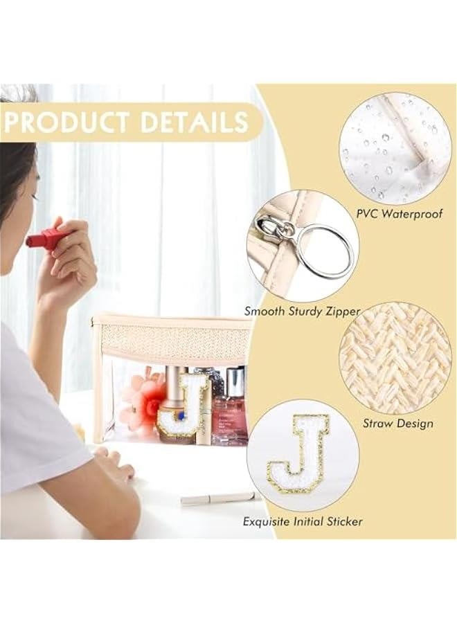Boho Straw Clear Makeup Bag Small Initial Cosmetic Bags Personalized Chenille Letter Patch Beach Bag Zipper Makeup Organizer Pouch Travel Essentials Waterproof Toiletry Bag for Women Girls J - Image 4