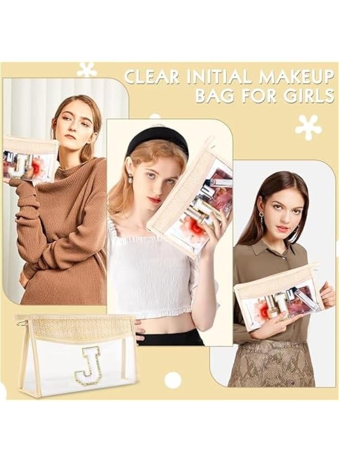 Boho Straw Clear Makeup Bag Small Initial Cosmetic Bags Personalized Chenille Letter Patch Beach Bag Zipper Makeup Organizer Pouch Travel Essentials Waterproof Toiletry Bag for Women Girls J - Image 2
