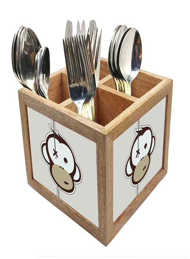 Nutcase Wooden Cutlery Stand Holder Silverware Caddy Spoons Forks Knives Organizer for Dining Table & Kitchen -Made in India-Spoons NOT Included - Crying Monkey - Image 1