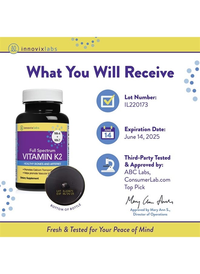 Full Spectrum Vitamin K2 with MK-7 and MK-4, All-Trans Bioactive K2, 600 mcg K2 per Pill, Soy & Gluten Free, Non-GMO, 90 Capsules, Supports Healthy Bones & Arteries Vitamin K2 MK7 + MK4