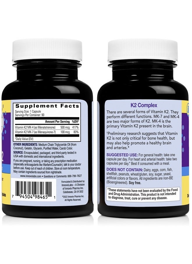 Full Spectrum Vitamin K2 with MK-7 and MK-4, All-Trans Bioactive K2, 600 mcg K2 per Pill, Soy & Gluten Free, Non-GMO, 90 Capsules, Supports Healthy Bones & Arteries Vitamin K2 MK7 + MK4