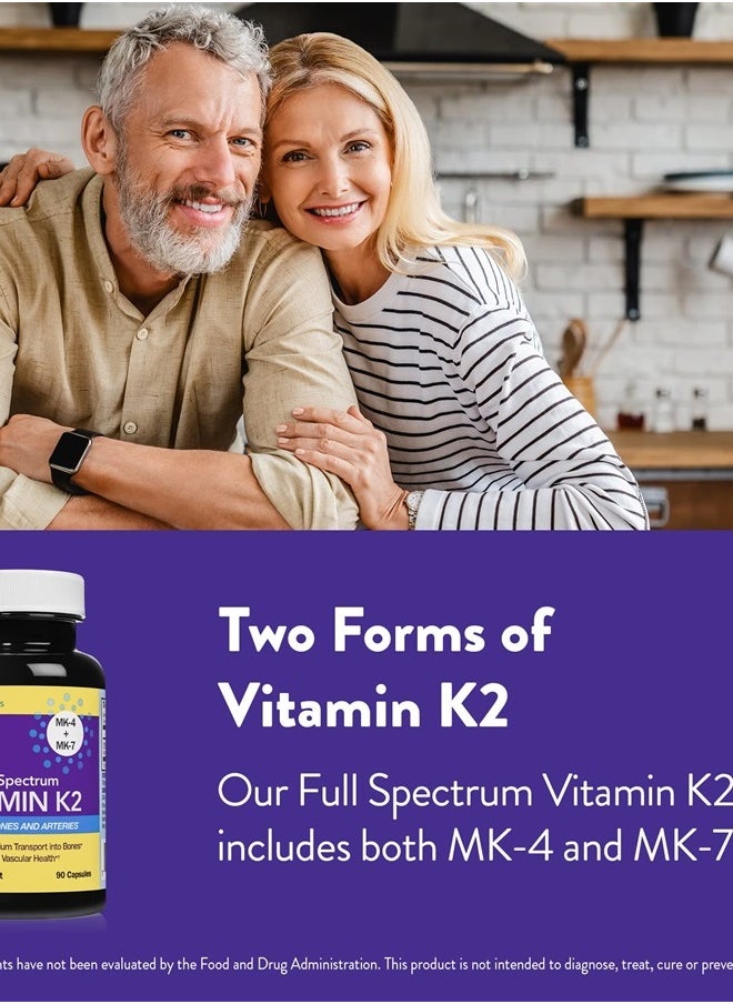 Full Spectrum Vitamin K2 with MK-7 and MK-4, All-Trans Bioactive K2, 600 mcg K2 per Pill, Soy & Gluten Free, Non-GMO, 90 Capsules, Supports Healthy Bones & Arteries Vitamin K2 MK7 + MK4