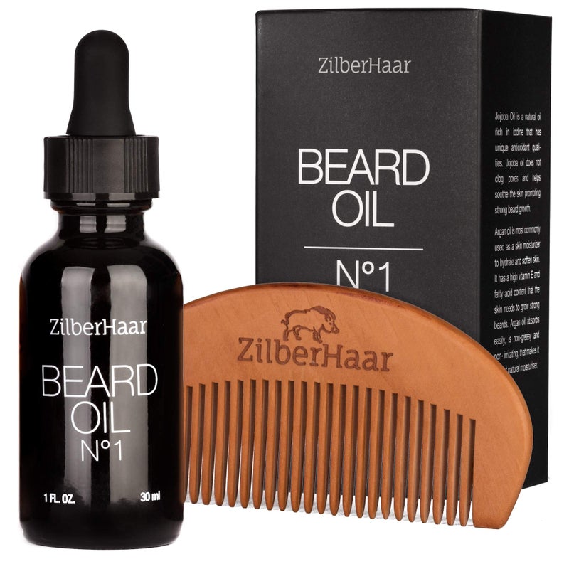 ZilberHaar Beard Oil 1  Pure Organic Moroccan Argan and Jojoba Oil for Natural Beard Growth and Hydration  1 oz  Free Beard Comb Gift