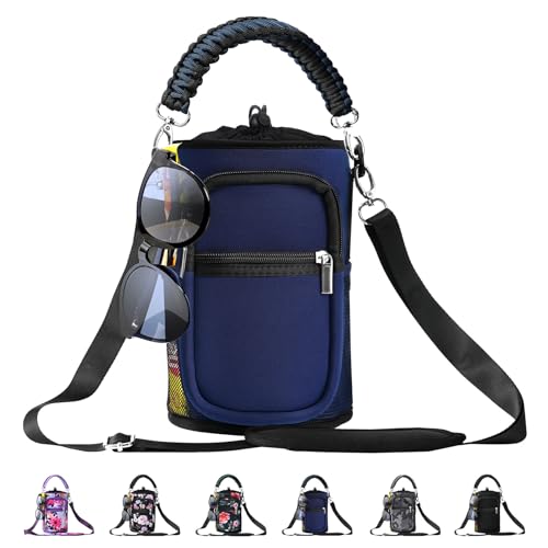 AceTreker 1 Gallon Water Bottle Carrier Bag Insulated 128 oz Water Bottle Sleeve with 5 Pocket Sport Water Flask with Paracord Handle and Shoulder Strap for Walking Hiking Camping GymNavy - Image 1