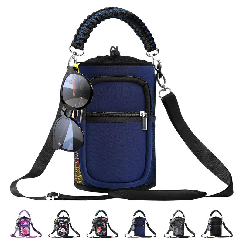 AceTreker 1 Gallon Water Bottle Carrier Bag Insulated 128 oz Water Bottle Sleeve with 5 Pocket Sport Water Flask with Paracord Handle and Shoulder Strap for Walking Hiking Camping GymNavy - Image 2