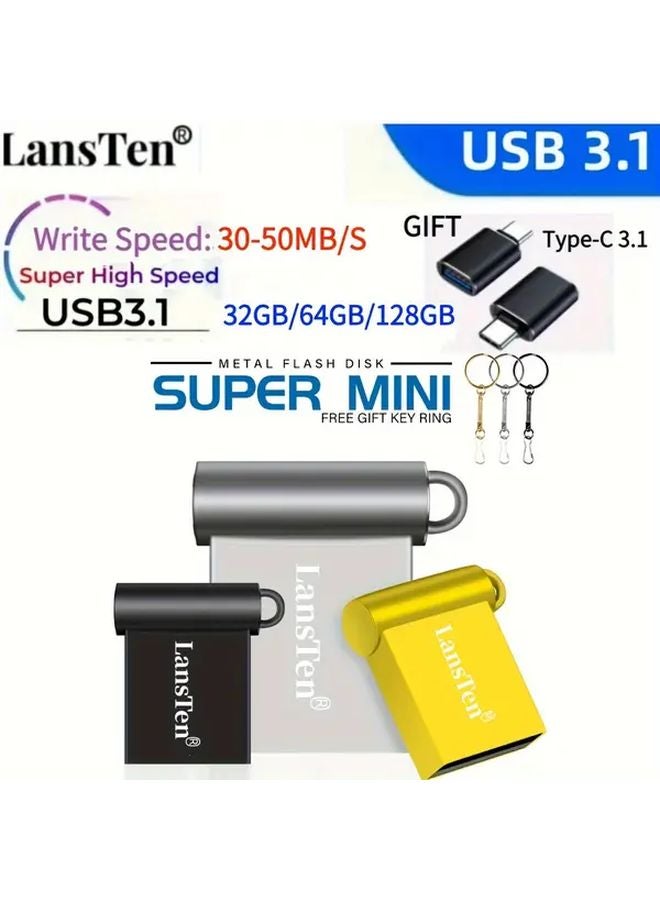 LansTen USB 3.1 فلاش درايف 64 جيجابايت أصفر عالي السرعة قلم معدني مع محول من النوع C - Image 4