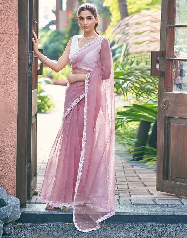 SIRIL Women's Shimmer Net Saree | Sari for Women | Pearl Work Sarees With Unstitched Blouse Piece (3563S365A_Pink) - Image 2