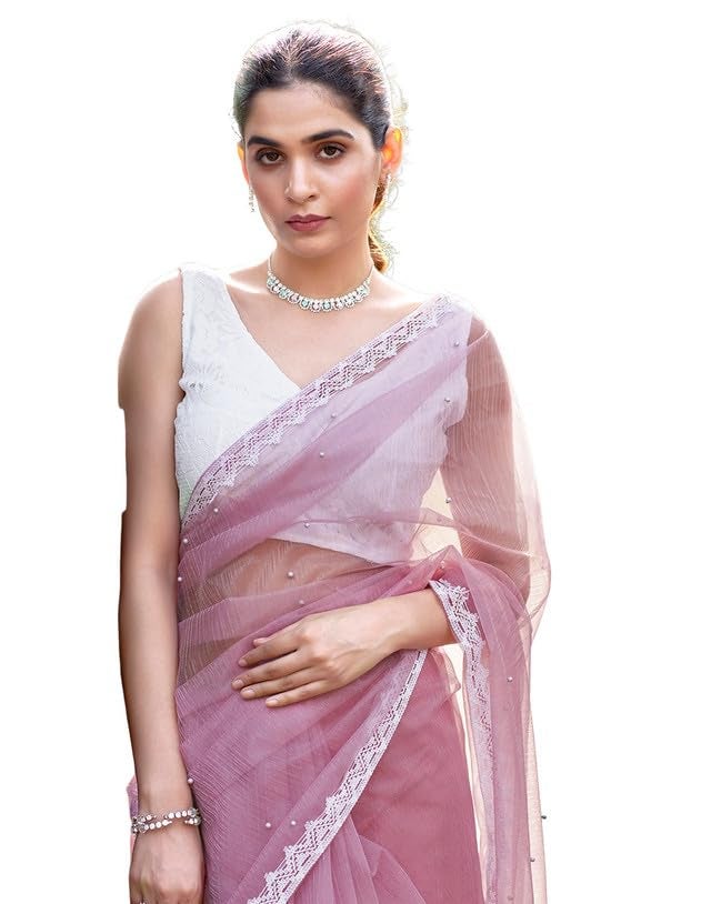 SIRIL Women's Shimmer Net Saree | Sari for Women | Pearl Work Sarees With Unstitched Blouse Piece (3563S365A_Pink) - Image 1