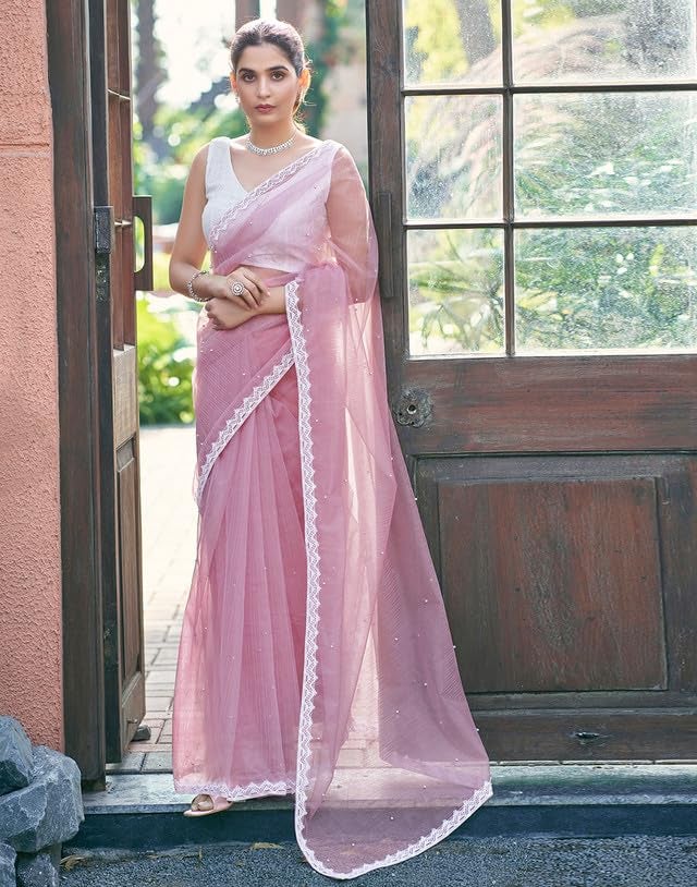 SIRIL Women's Shimmer Net Saree | Sari for Women | Pearl Work Sarees With Unstitched Blouse Piece (3563S365A_Pink) - Image 3
