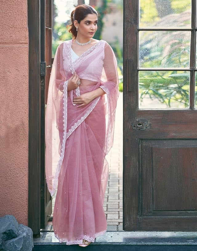 SIRIL Women's Shimmer Net Saree | Sari for Women | Pearl Work Sarees With Unstitched Blouse Piece (3563S365A_Pink) - Image 4