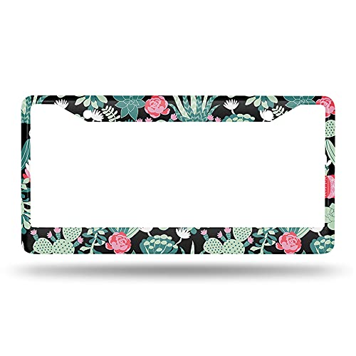 Beabes Tropical Cactus Pattern License Plate Frame Auto Tag Frames White Pink Green Flowers License Plates Holder 2 Holes Decorative Car Truck Motorcycle License Plates Tag for Men Women - Image 2