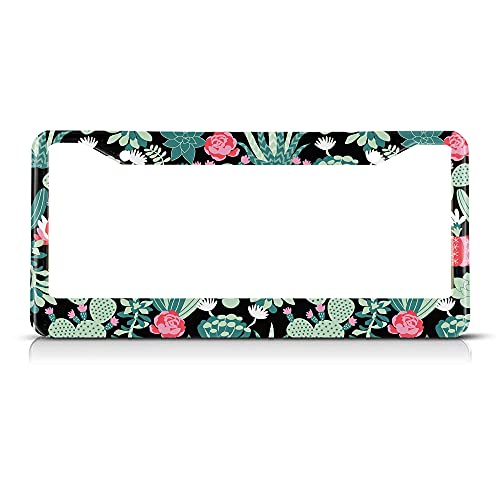 Beabes Tropical Cactus Pattern License Plate Frame Auto Tag Frames White Pink Green Flowers License Plates Holder 2 Holes Decorative Car Truck Motorcycle License Plates Tag for Men Women - Image 1