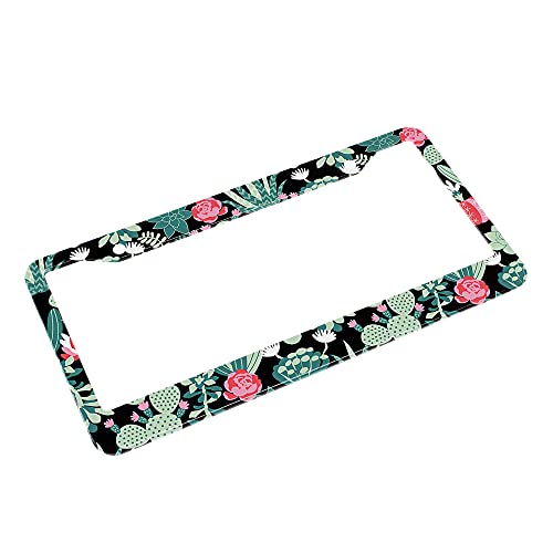 Beabes Tropical Cactus Pattern License Plate Frame Auto Tag Frames White Pink Green Flowers License Plates Holder 2 Holes Decorative Car Truck Motorcycle License Plates Tag for Men Women - Image 4