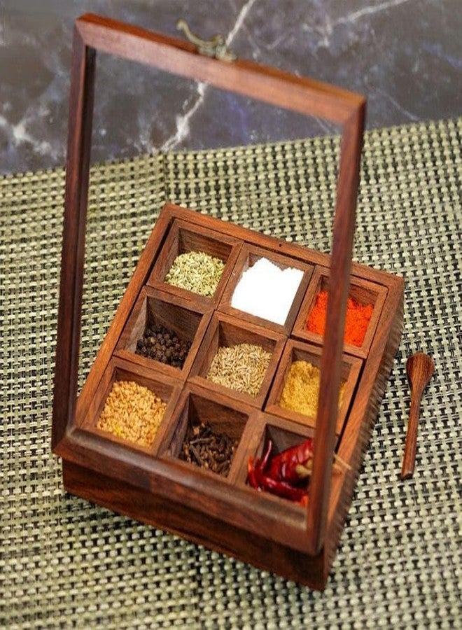 UMAAS® Spice Box for Kitchen with 2 Spoons/Sheesham Wooden Table Top Masala Dabba 9 Containers Jars & Kitchen Spice Box/Masala Box for Kitchen (Removable Partitions, Brown), and*75 - Image 1