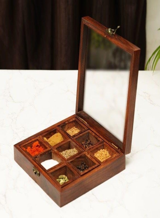 UMAAS® Spice Box for Kitchen with 2 Spoons/Sheesham Wooden Table Top Masala Dabba 9 Containers Jars & Kitchen Spice Box/Masala Box for Kitchen (Removable Partitions, Brown), and*75 - Image 2