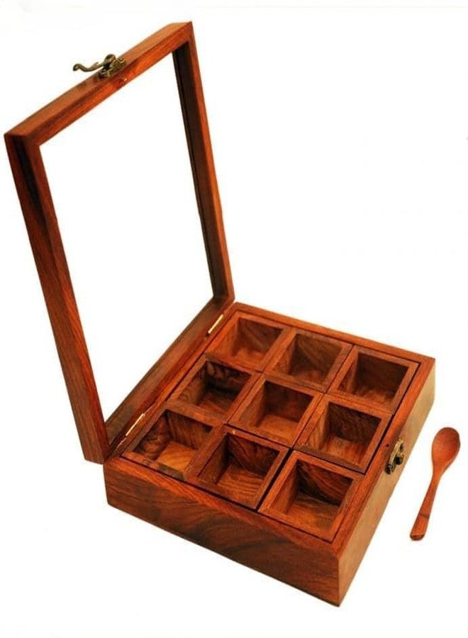 UMAAS® Spice Box for Kitchen with 2 Spoons/Sheesham Wooden Table Top Masala Dabba 9 Containers Jars & Kitchen Spice Box/Masala Box for Kitchen (Removable Partitions, Brown), and*75 - Image 3