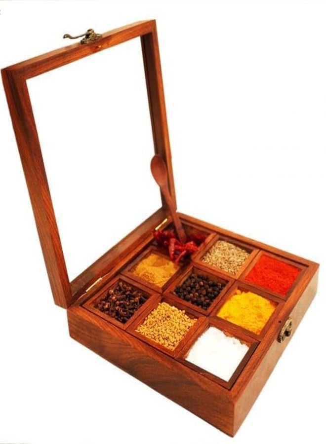 UMAAS® Spice Box for Kitchen with 2 Spoons/Sheesham Wooden Table Top Masala Dabba 9 Containers Jars & Kitchen Spice Box/Masala Box for Kitchen (Removable Partitions, Brown), and*75 - Image 5