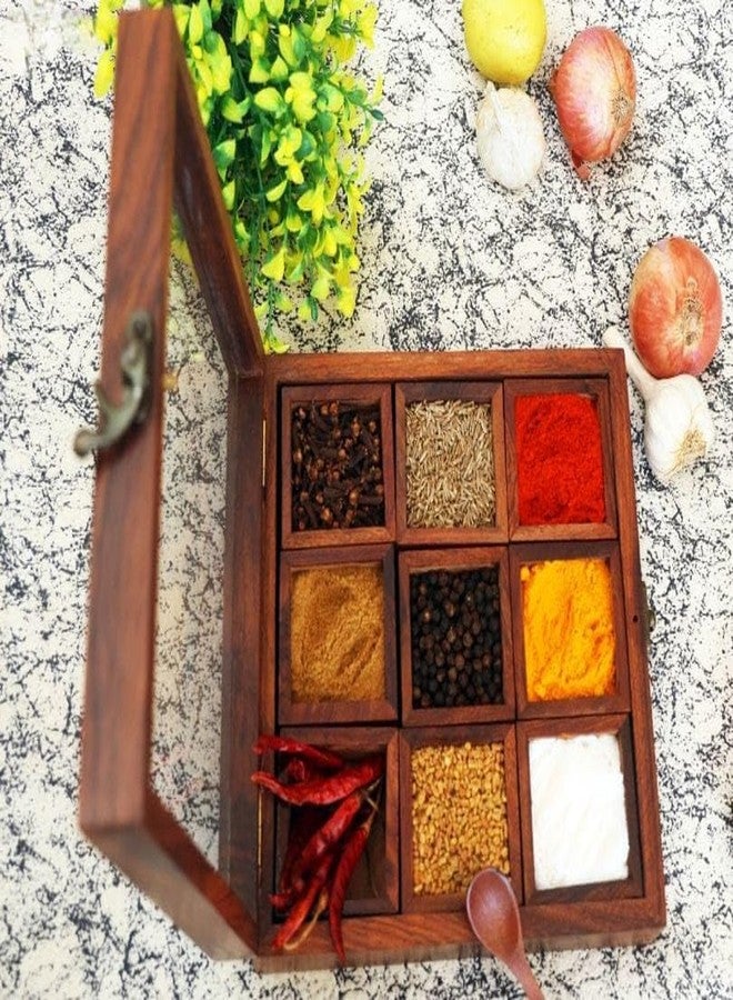 UMAAS® Spice Box for Kitchen with 2 Spoons/Sheesham Wooden Table Top Masala Dabba 9 Containers Jars & Kitchen Spice Box/Masala Box for Kitchen (Removable Partitions, Brown), and*75 - Image 4