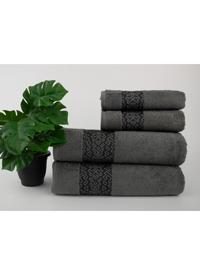 White Rose Towel 4 Piece Bathroom  Set - BLOCKS - 500 GSM - 100% Cotton Terry - Jacquard Border- 2 Bath  70X140 cm & 2 Hand  50x90 cm- Luxury Touch - Extra Absorbent-Gray 