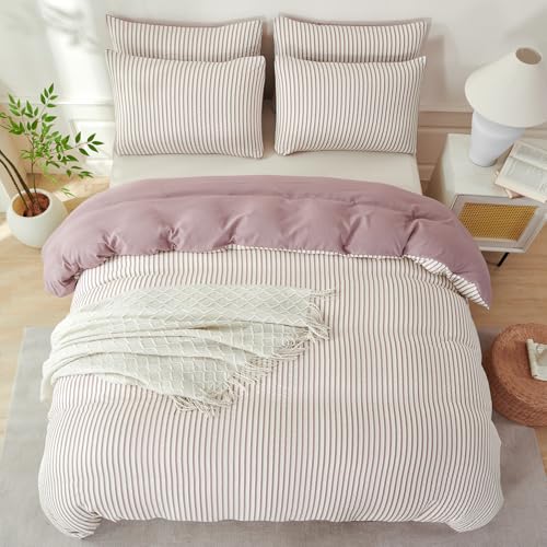 BUPIRD Grayish Purple Comforter Queen Set Striped 100% Soft Washed Microfiber Jacquard 3 Pieces Striped Bedding Sets Purple White Comforter Queen for All Seasons and 2 Pillowcases Comfort Breathable - Image 3