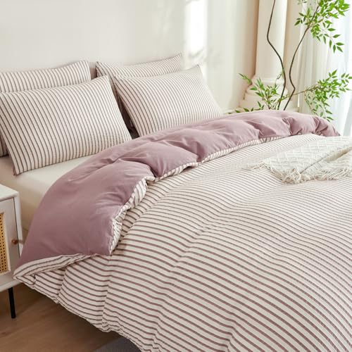 BUPIRD Grayish Purple Comforter Queen Set Striped 100% Soft Washed Microfiber Jacquard 3 Pieces Striped Bedding Sets Purple White Comforter Queen for All Seasons and 2 Pillowcases Comfort Breathable - Image 4