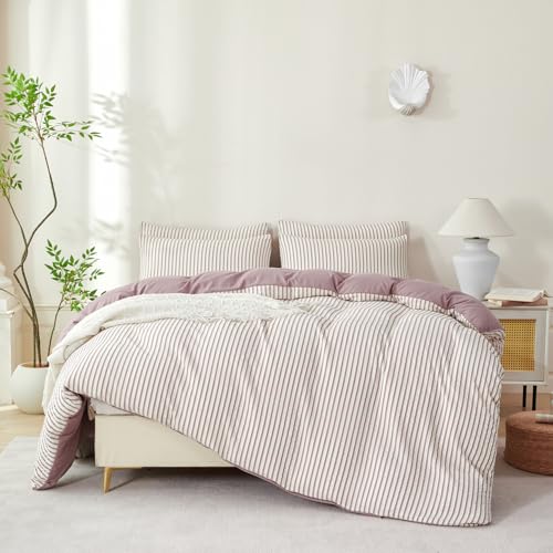 BUPIRD Grayish Purple Comforter Queen Set Striped 100% Soft Washed Microfiber Jacquard 3 Pieces Striped Bedding Sets Purple White Comforter Queen for All Seasons and 2 Pillowcases Comfort Breathable - Image 5