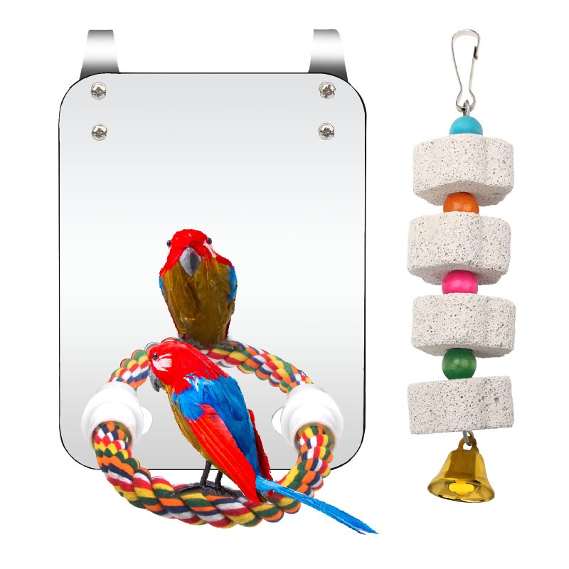 Catcan Bird Cage Mirror Bird Mirror with Perch Rope for Cage Cockatiels Cotton Rope Standing Bar Parrot Mirror with Parrot Molar Toy Pendant - Image 2