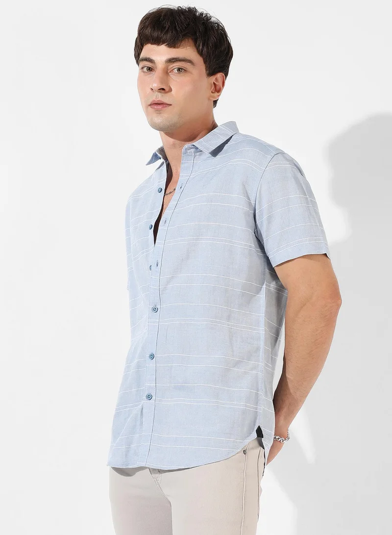 Campus Sutra Men's Light Blue Textured Regular Fit Casual Shirt