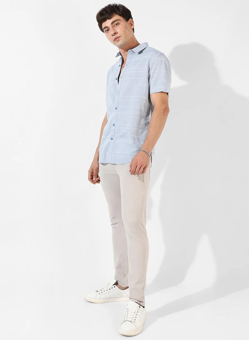 Campus Sutra Men's Light Blue Textured Regular Fit Casual Shirt