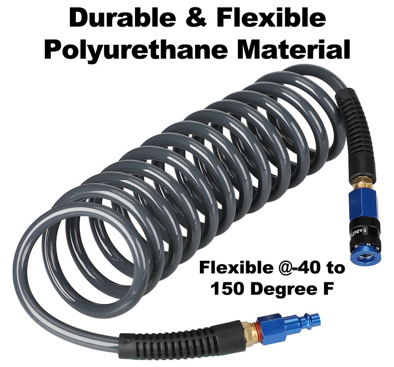EADUTY Heavy Duty Polyurethane Recoil Air Hose 1/4 in x 10 ft, Lightweight, Flexible Compressor Hose with Universal Quick Coupler, Plug and Bend Restrictors, Gray - Image 2
