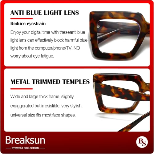 Breaksun Oversized Blue Light Glasses for Women Fashion Thick Square Computer Eyewear Non-Prescription Black Glasses (Brown Tortoise) - Image 4
