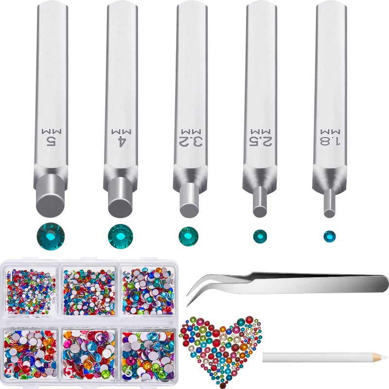 Chumia 13 Pieces Jewelry Metal Stamping Tools Crystals Setter Kit 5 Metal Stamping Punches with Tweezer Picking Pen Storage Box 2500 Pieces Colored Rhinestones Crystals for DIY Crafts Jewelry