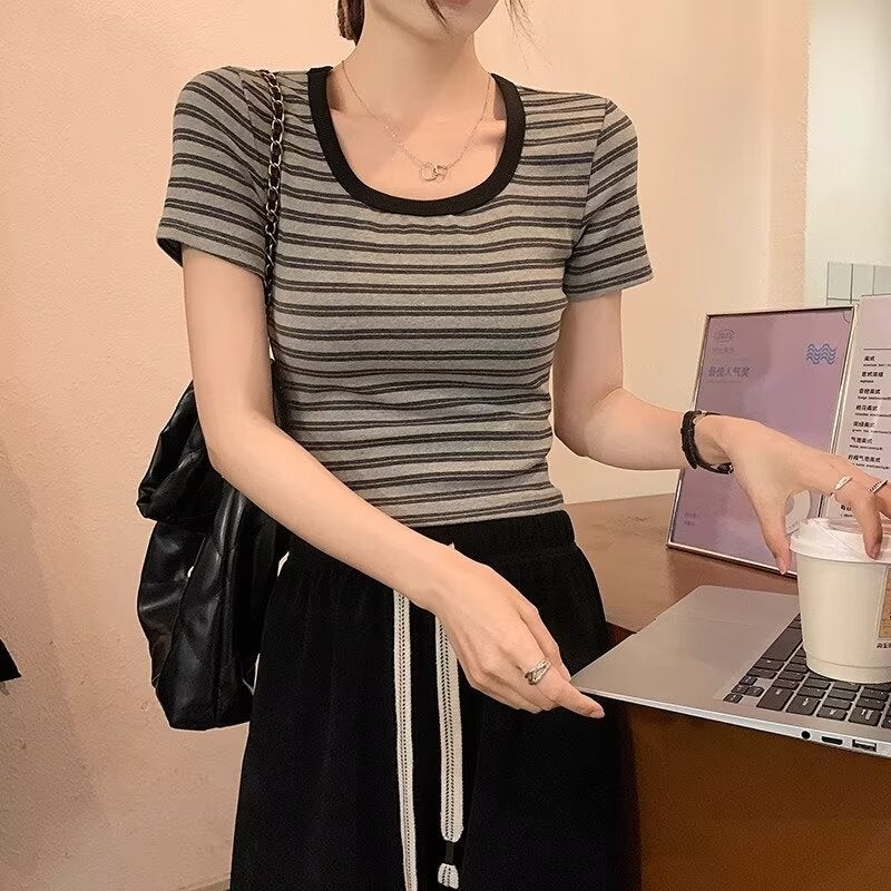 Japanese Style Retro Stereo Stripesd Heavy Round Neck T-Shirt For Couples Loose And Versatile Casual Simple Short-Sleeved - Image 1