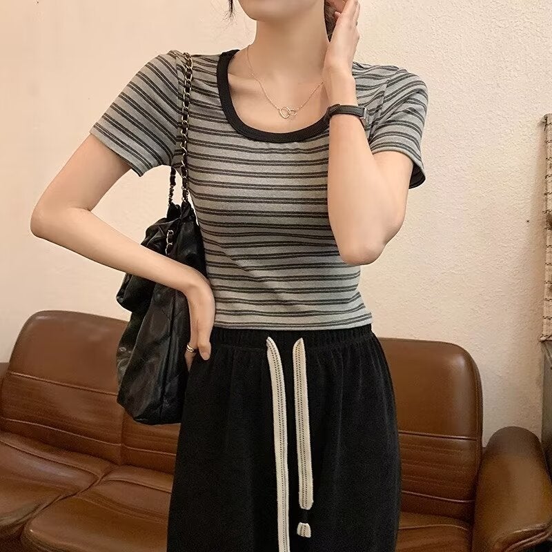 Japanese Style Retro Stereo Stripesd Heavy Round Neck T-Shirt For Couples Loose And Versatile Casual Simple Short-Sleeved - Image 2