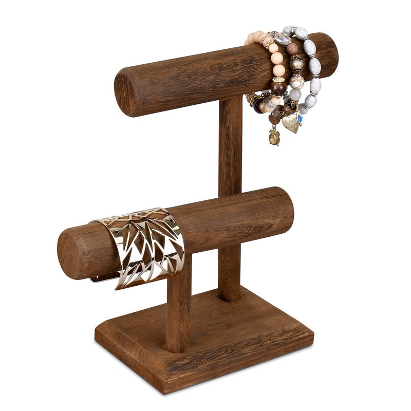 Ikee Design 2 Tier Wooden Jewelry Bracelet Watch Display Tower Bangle Scrunchie Necklace Holder Storage Stand 79 W x 43 D x 94 H in Brown Color