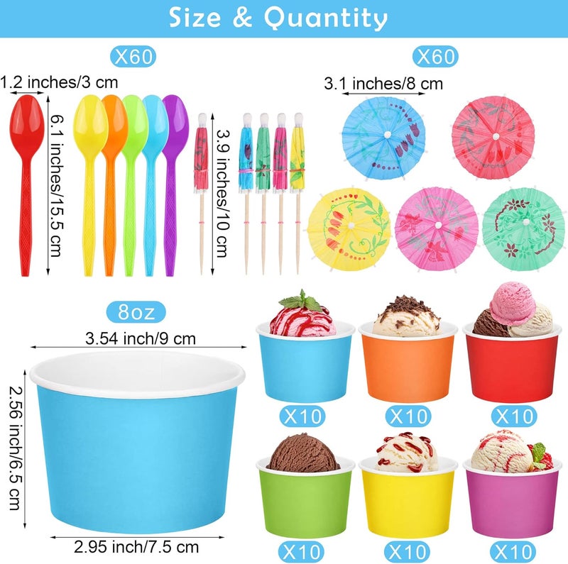 Aodaer 180 Pieces Disposable Paper Ice Cream Cups and Paper Umbrellas Spoons 8 Ounces Paper Treat Cups Ice Cream Containers Snack Dessert Bowls for Party Supplies, 6 Colors - Image 2