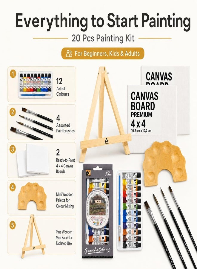 ArtRight Professional Painting Kit 20pcs, Paintbrush 4, Colours 12, Mini Palette 1, Canvas Board 2, Pine Wooden Mini Easel 1, Canvas Board 4x4 inch, Ideal for Begginners, Kids & Adults - Image 2