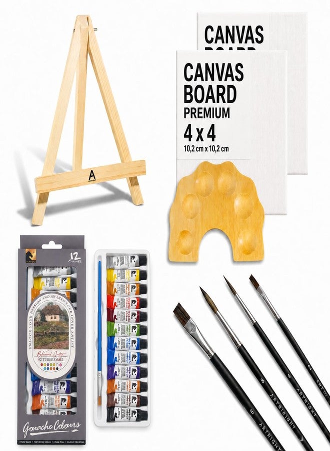 ArtRight Professional Painting Kit 20pcs, Paintbrush 4, Colours 12, Mini Palette 1, Canvas Board 2, Pine Wooden Mini Easel 1, Canvas Board 4x4 inch, Ideal for Begginners, Kids & Adults - Image 1