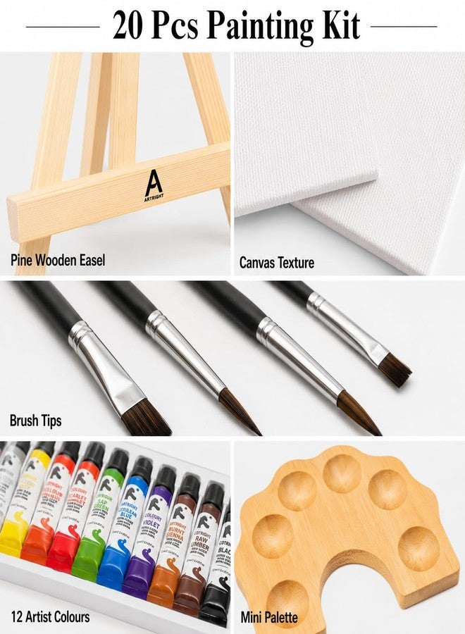 ArtRight Professional Painting Kit 20pcs, Paintbrush 4, Colours 12, Mini Palette 1, Canvas Board 2, Pine Wooden Mini Easel 1, Canvas Board 4x4 inch, Ideal for Begginners, Kids & Adults - Image 5