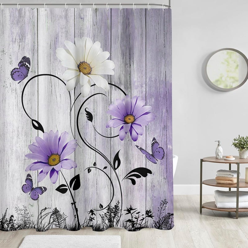 AAtter ATTER PREGPLE FLOROL SURTAIN REATER REATERSIC LAVENDER LILAC Country Butterfly White Daisy Abstract Black Lead Extra XL Long Home Bather Decord حوض استحمام مع 12 خطاف 72x84 الرجعية - Image 1