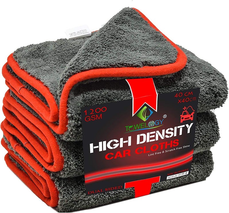 Towelogy® Microfibre Car Cloths 1200GSM High Density Dual Power Auto Detailing Towels 40x40cm (Grey, Pack Of 3) - Image 1