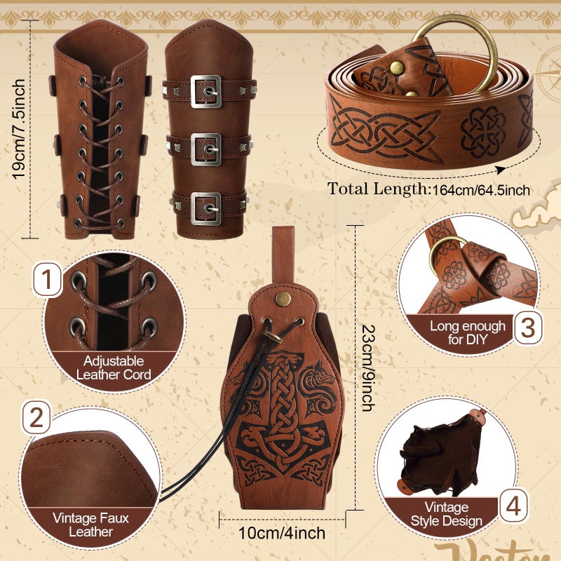 Suhine 5 Pcs Renaissance Women Costume Medieval Hooded Robe Carnival Vintage Faux Leather Arm Pouch Belt for Cosplay Party(Small,Light Brown) - Image 3