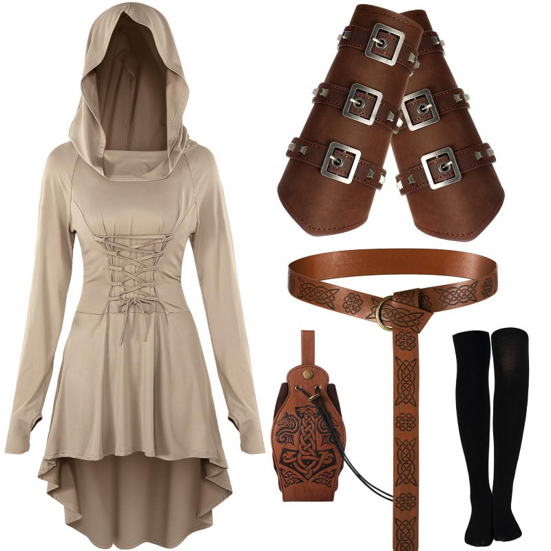 Suhine 5 Pcs Renaissance Women Costume Medieval Hooded Robe Carnival Vintage Faux Leather Arm Pouch Belt for Cosplay Party(Small,Light Brown) - Image 1