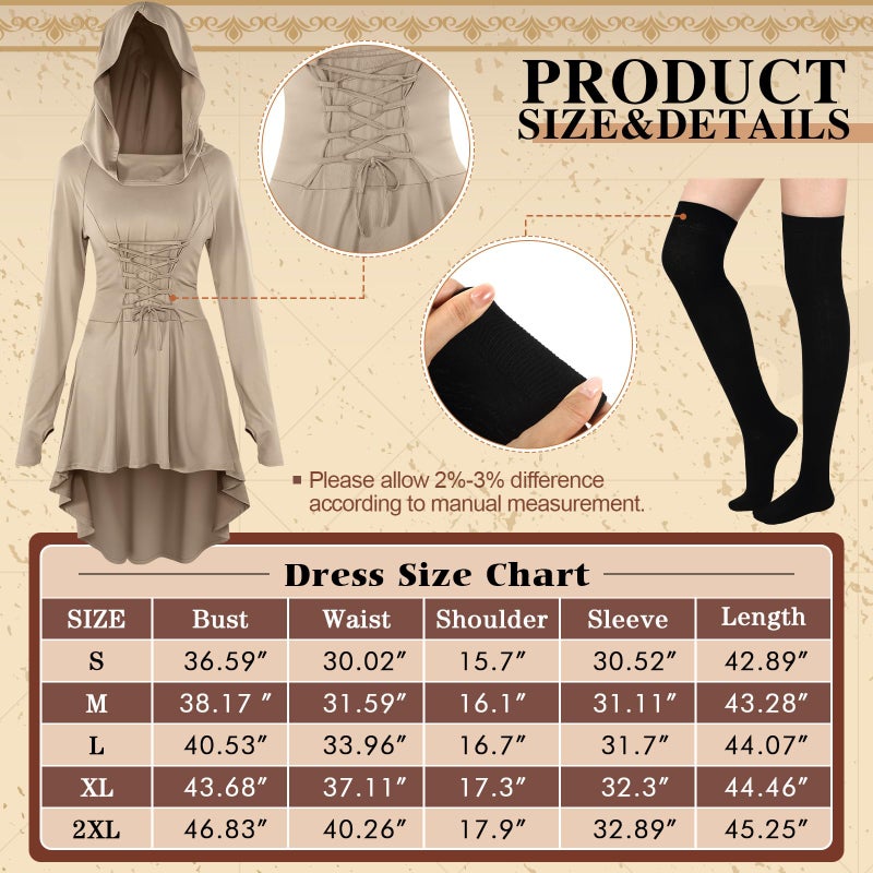 Suhine 5 Pcs Renaissance Women Costume Medieval Hooded Robe Carnival Vintage Faux Leather Arm Pouch Belt for Cosplay Party(Small,Light Brown) - Image 2