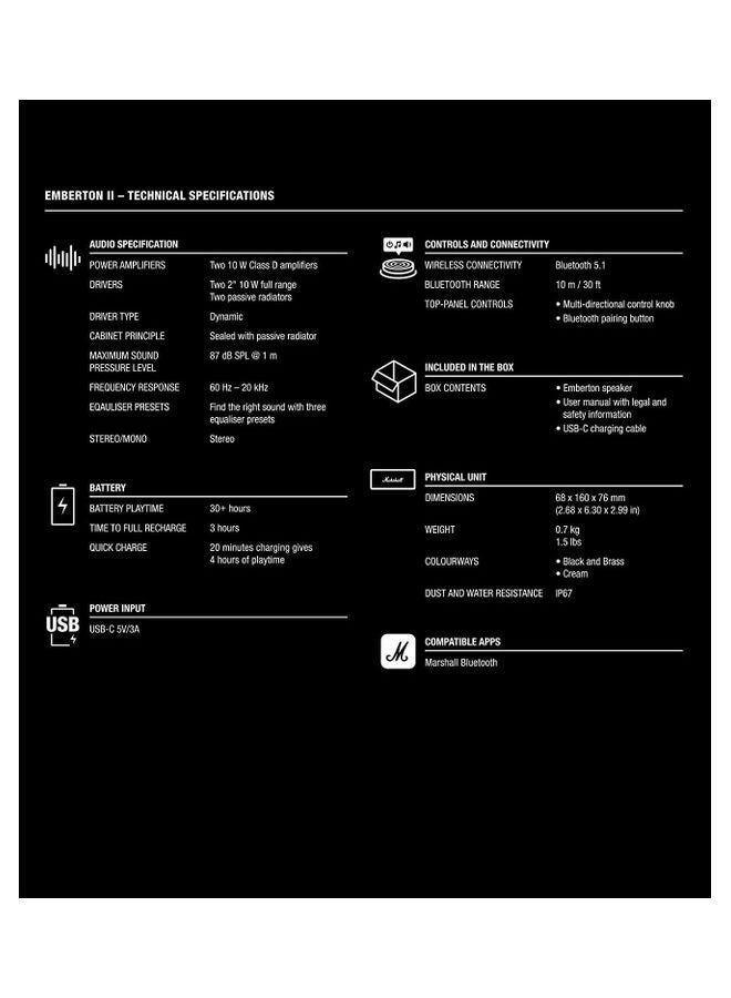 Marshall Emberton II Portable Bluetooth Speakers Water Resistant Wireless 30 Plus Hour Of Playtime - Image 5