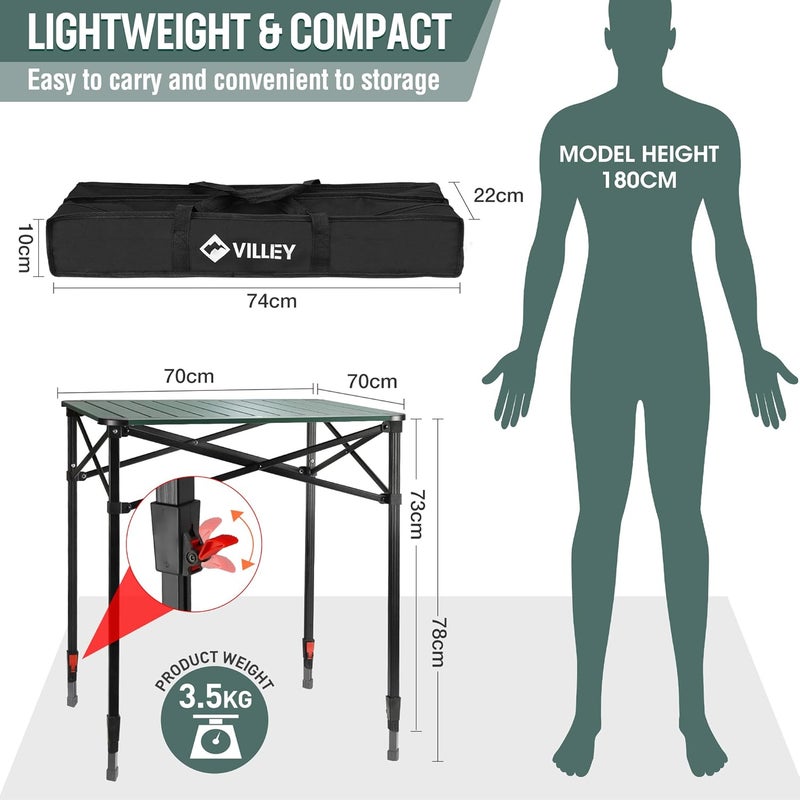 VILLEY Folding Camping Square Table with Carry Bag, Lightweight Aluminum Adjustable Square Table for Outdoor, Camping, Picnic, Backyards, BBQ (L) - Image 3