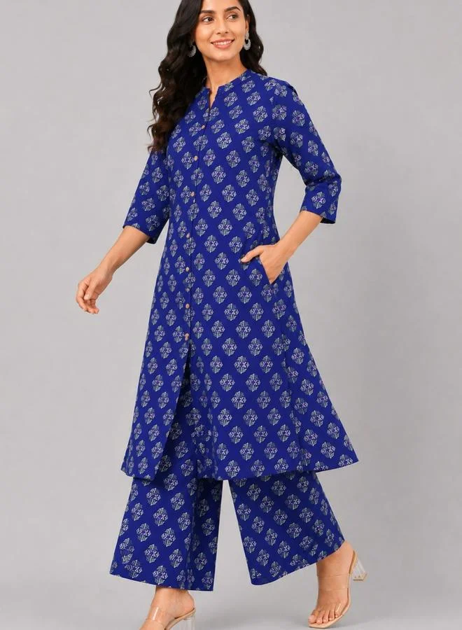 House Of Raeli Blue Cambric Print Kurta and Flared Pant Ethnic Set