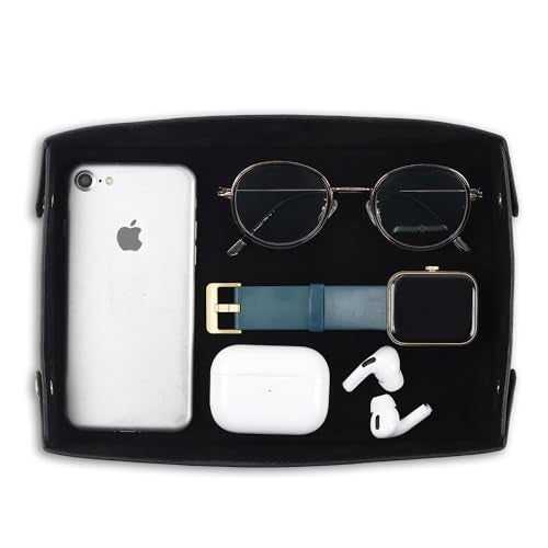 GadgetBite Valet Vegan Leather Tray | Desk Tray Organiser | Mobile Organiser | Organiser for Office, Home, Living Room| Button Opening | Water Resistent-Black - Image 1