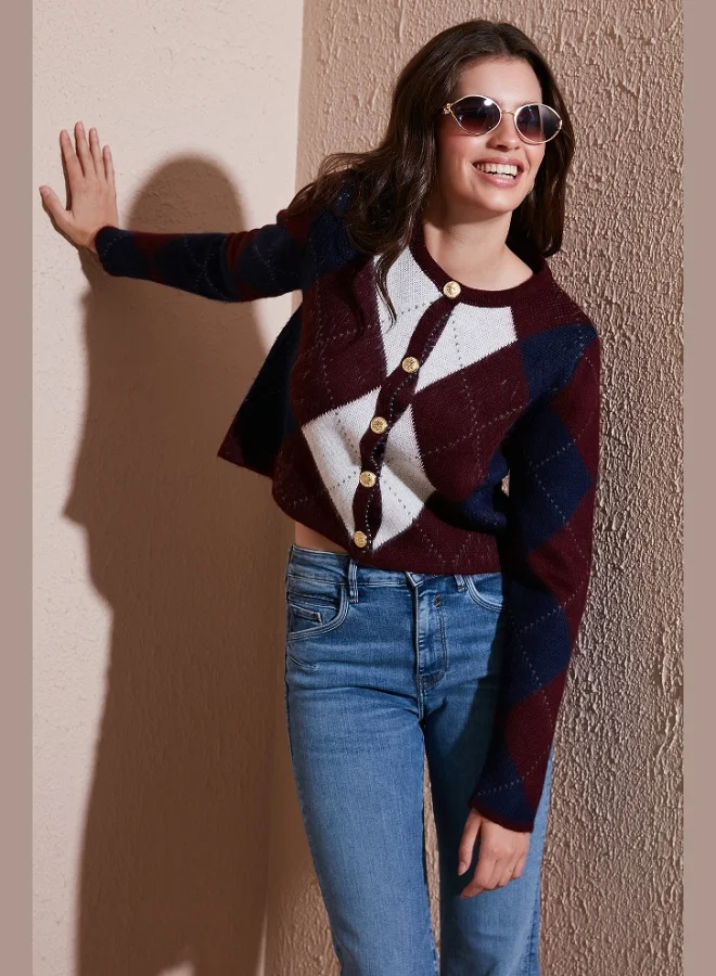 Lela Lela Regular Fit Crew Neck Diamond Patterned Buttoned Crop Cardigan Women's CARDIGAN 4615570