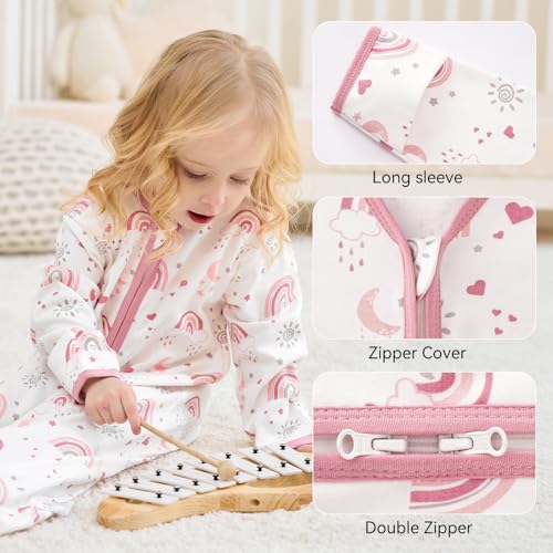 FIEMOL Baby Sleep Sack 612 Months Long Sleeve Baby Wearable Blanket 05 Tog with Mittens 2Way Zipper Infant Cotton Sleeping Sack for Boy and Girl Pink Rainbow 2 Pack Medium - Image 3